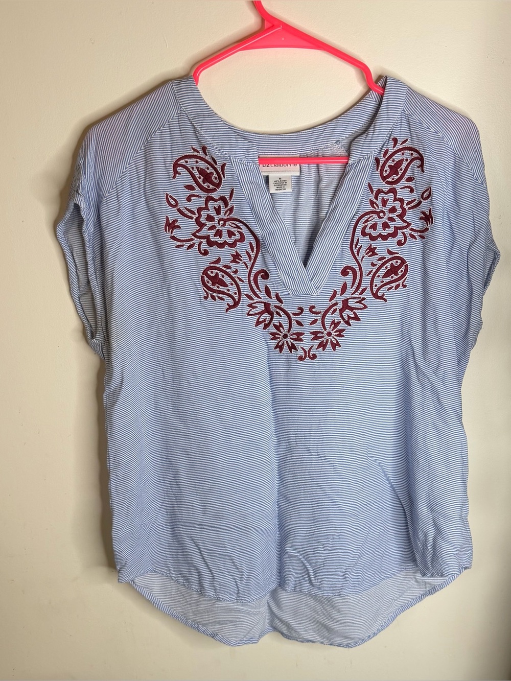 Liz Claiborne Light Blue Top with Maroon Floral Embroidery